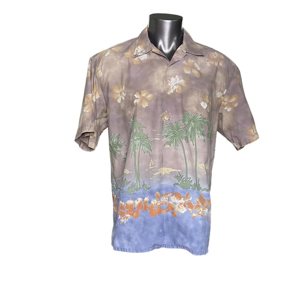 Vintage Burma Bibas Mens Hawaiian Shirt Short Sleeve Sunset Beach Size XL u